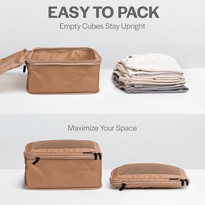 Compression Packing Cubes for Travel, 6-Pack, Mocha | Solves overpacking, 6-Piece set fits most suitcases, 50% Space savings, Compression luggage organizer bags