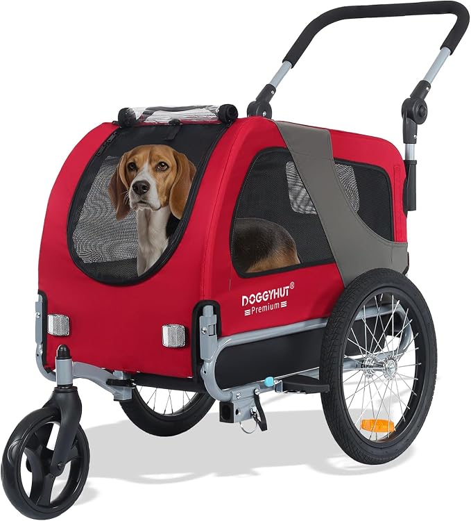 DOGGYHUT® Premium Medium Pet Bike Trailer & Stroller Up to 50 lbs (Red) | Bicycle Trailer for Small or Medium Dogs, Dog Bicycle Carrier, Low Center of Gravity, Folding Frame Cart