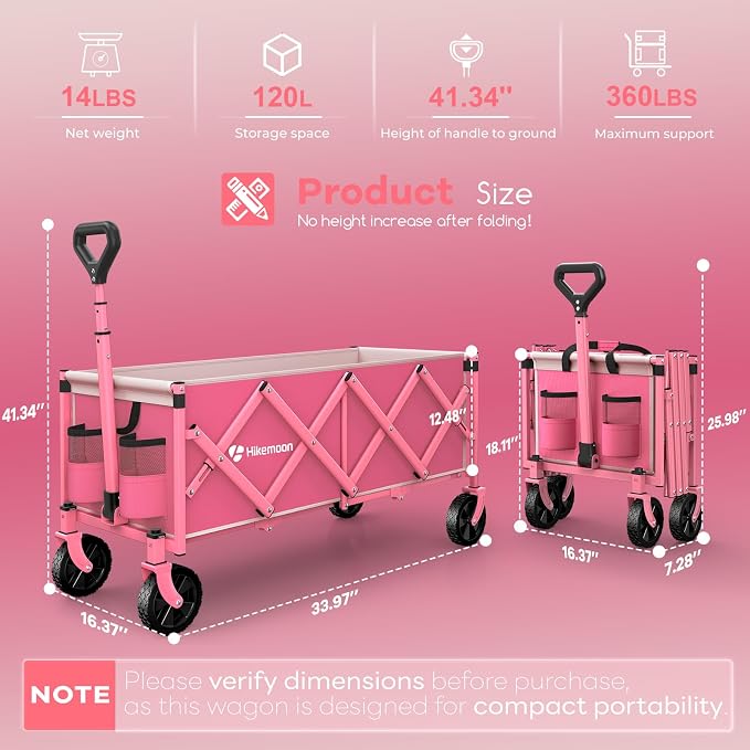 34'' Extra Long Folding Portable Wagon Cart, 120L 360LBS Pink | Wagons Carts Foldable, Heavy Duty, Collapsible Compact Storage, Utility for Shopping/Grocery/Garden/Camping/Sports