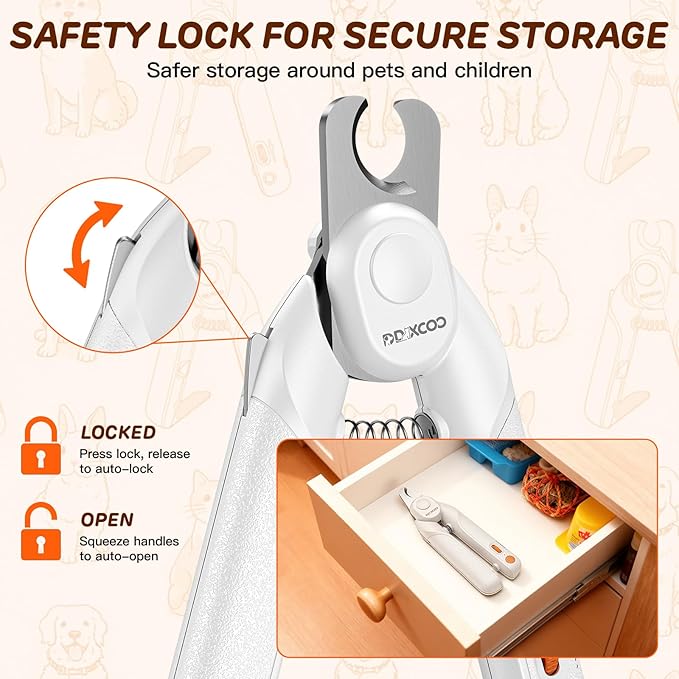 Dual-LED Pet Nail Clippers with Stepless Brightness Adjustment, Side Lock & Retractable File, Anti-Slip Handles for Dogs and Cats (White)