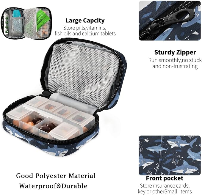Fustylead Cute Cartoon Sharks and Marine Plants Travel Pill Organizer Case Zipper for Purse with Removable Weekly Pill Box for Medicine, Vitamin, Supplement Medicine Organizer
