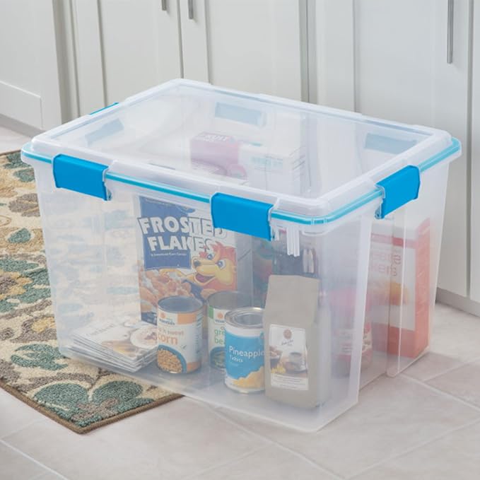 Sterilite Gasket Storage Box with Lids for Home & Office, 80 Quart, 12-Pack | Heavy-Duty, Stackable, and Organizing Containers for Bathroom, Cabinet, Closet, and Garage, Clear and Blue Aquarium Latches