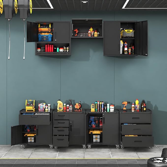 Metal Garage Storage Cabinets System, 7-Pcs Workshop Tool Cabinet Set,Black | Including 3 Pcs Wall Cabinets 4 Pcs Garage Tool Cabinets with Wheels,Assembly Required