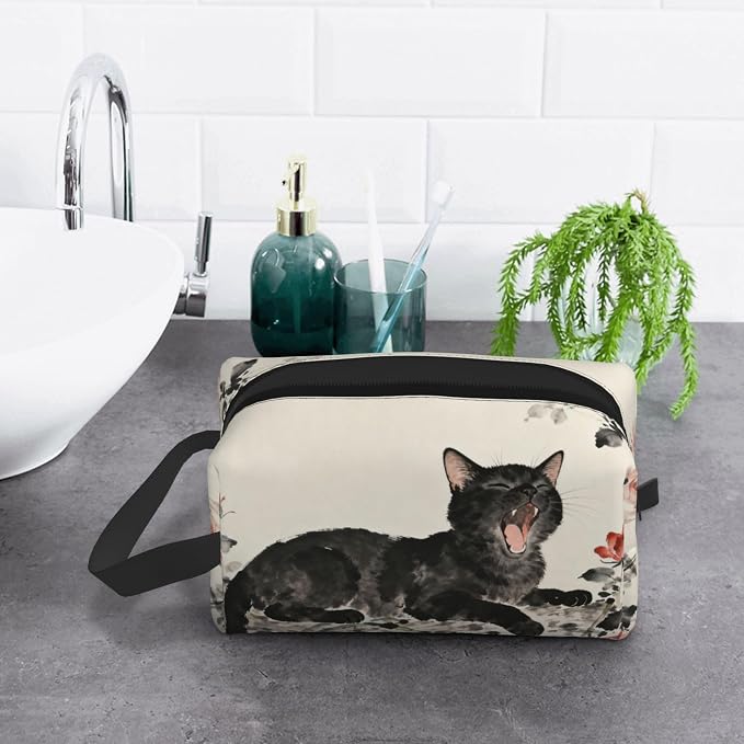 Yawning Black Cat Roses Makeup Bag - Durable 600D Oxford Fabric Travel Cosmetic Bag, Shockproof Foam Padded Toiletry Organizer for Gym & Daily Use 10x6.2x4.9 Inch