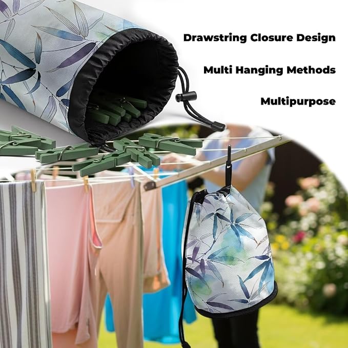 Clothespin Drawstring Bag, Bamboo Branch Print Portable Laundry Peg Organizer Pouch with Multi-Hang Design, Storage for Clips, Perfect for Drying Rack, Camping, Beach, Dorm
