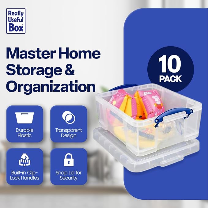 Really Useful Box 17L Plastic Storage Bins, 10 Pack | Containers with Snap Lids and Clip Lock, Clear