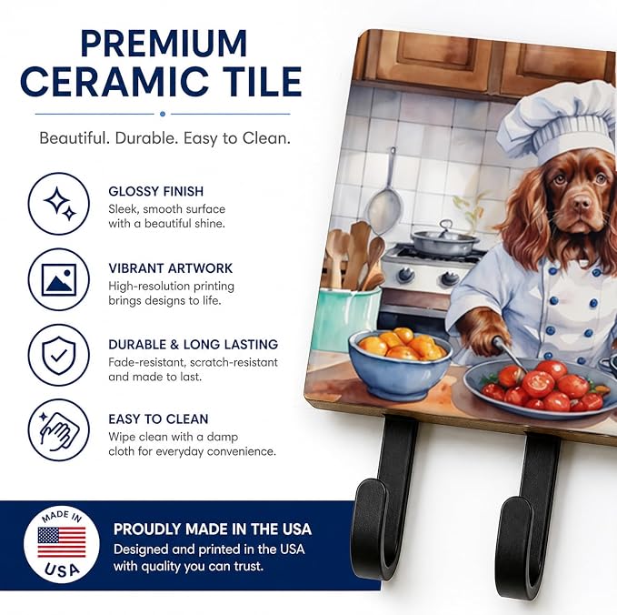 Caroline's Treasures Sussex Spaniel The Chef Leash or Key Holder Wall Hooks, Key Hooks Holder, Coat Rack Wall Mount, Coat Hooks, Hooks for Hanging Keys, Towels, Aprons, Leashes | Sussex Spaniel The Chef artwork on ceramic tile with three steel hooks fo...