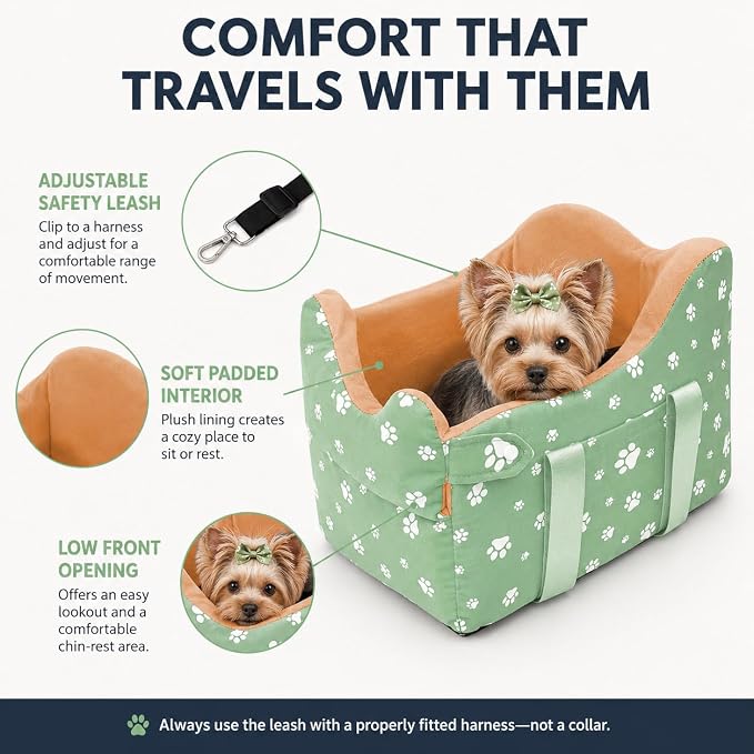 Dog Center Console Car Seat for Small Dogs Under 15lbs,Detachable Washable Booster Pet Car Seat Travel Bed with Storage Pockets and Seat Belt(Green)