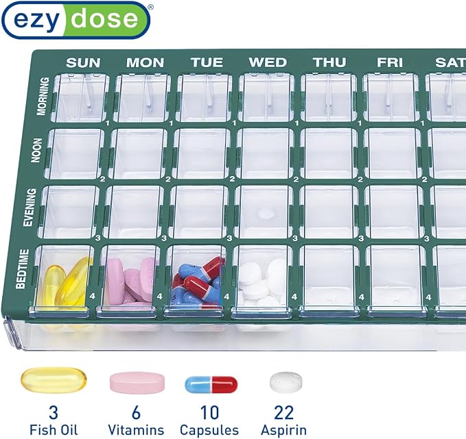Ezy Dose Pharmadose Weekly 7-Day, 4X/Day Pill Organizer, Green, Medium | 28 Medium Compartment Pill Case, Medicine Planner, Vitamin Organizer with Easy Fill Tray, BPA Free