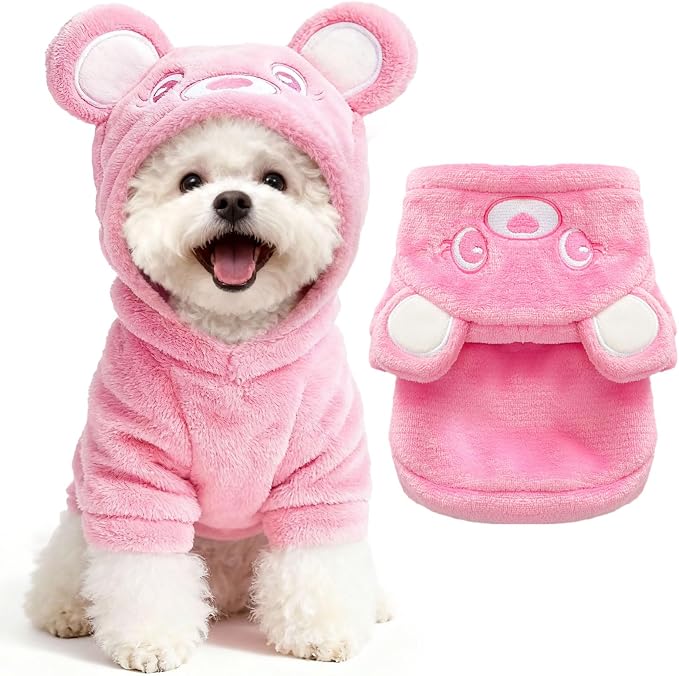 Dog Hoodie with Bear Ears Fleece Dog Valentines Sweater for Small Dogs French Bulldog Clothes Puppy Costume for Small Dogs XS Winter Clothes Cozy Pet Fleece for Cats