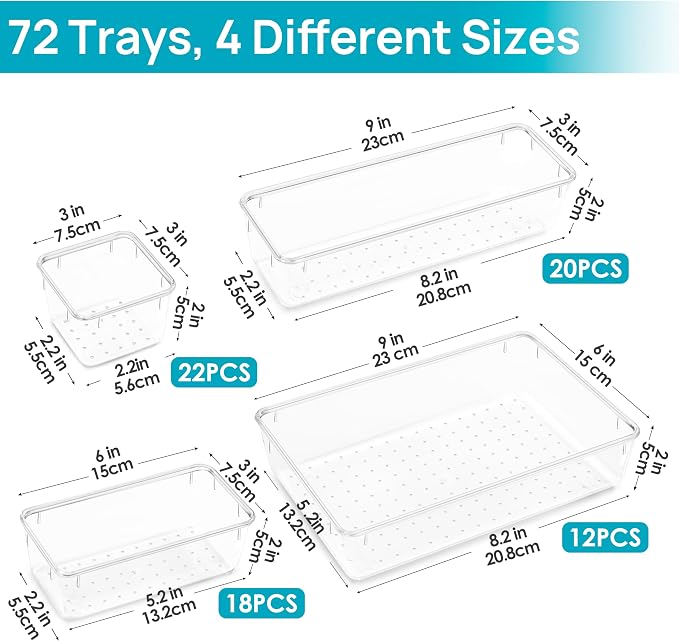 Vtopmart 72 PCS Clear Plastic Drawer Organizers Set, 4-Size Versatile Bathroom and Vanity Organizer Trays, Non-Slip Storage Containers for Makeup, Jewelries, Bedroom，Kitchen Utensils and Office | 4-Size Versatile Makeup Organizer, Non-Slip Storage Cont...