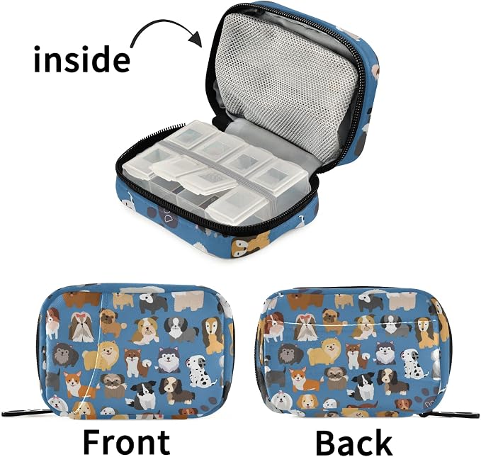 Naanle Cute Puppy Dog 7 Day Pill Case - Travel Organizer Bag With Zipper, Portable Weekly Compact Size for Vitamin Supplement Holder