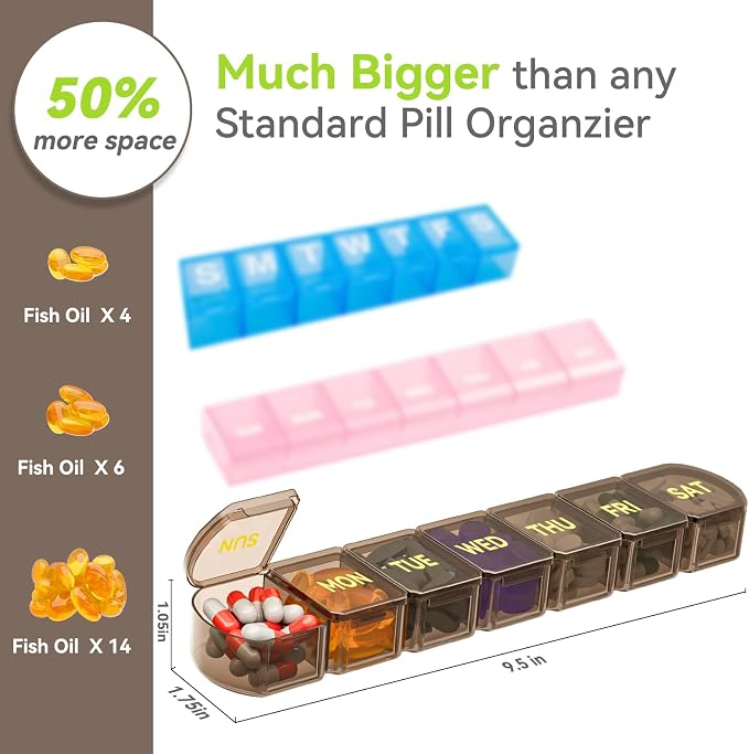 Large Pill Organizer Weekly - 7 Day Compartments with Easy-Open Design | SHIJOINYU XL Pill Box with High-Capacity, Daily Medicine Pill Organizer for Vitamins, Supplements, Fish Oils