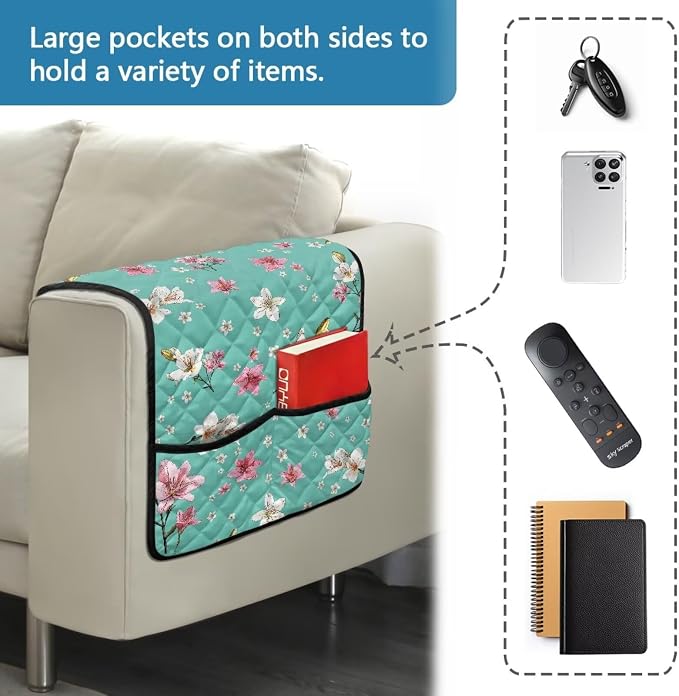 Floral Print Sofa Arm Covers Stretch Armrest Covers with Organizer Pockets Washable Couch Arm Cover Armchair Cover Anti-Slip Armrest Slipcovers Furniture Protector