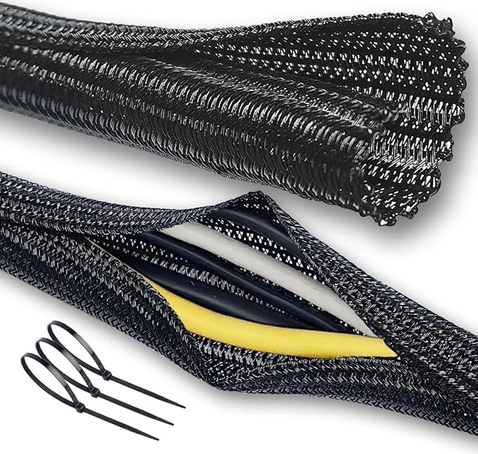 Cable Management Split Wire Loom Sleeve - Cord Hider & Protector for Desk, Pet Chew Proof, Wire Cover Organizer, Flexible Tube for Wires and Cables (1/2 Inch 12FT, Black)