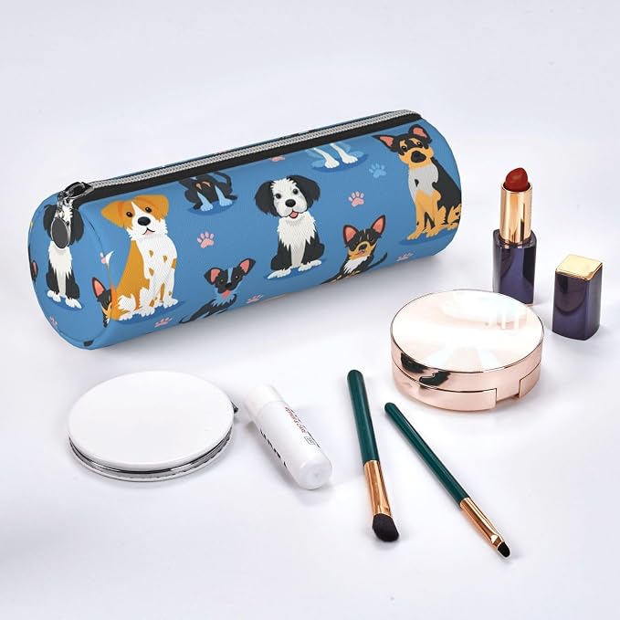 OSAM SPACE Leather Pencil Case Round Pencil Bag Cute Dogs Breeds Pen Organizer Holder Portable Zipper Pouch Cute School Supplies for Girls Boys Study Office
