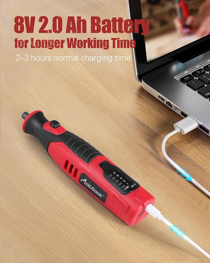 AVID POWER Cordless Rotary Tool 2.0 Ah 8V Rechargeable Rotary Tool, 4 Front LED Lights, 5 Speeds, 60 Pcs Rotary Accessories with Bag for Carving, Engraving, Sanding, Polishing and Cutting - Red
