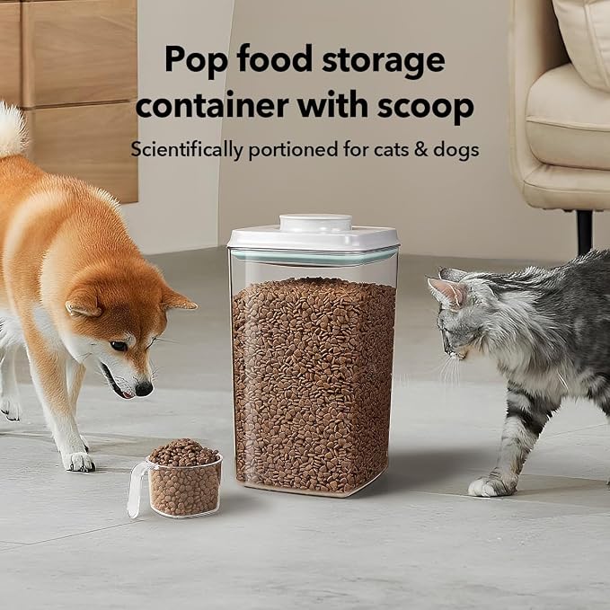 Dog-Cat Food Storage Container, 4.2 Qt Airtight Canister with Scoop | 4 L/4.2 Qt clear canister with one-push airtight lid; 130 ml scoop included; removable lid for easy cleaning.