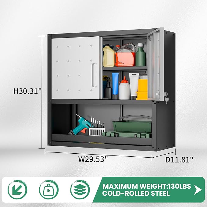 Garage Wall Cabinet,29.5" W Wall Mounted Garage Cabinets with Adjustable Shelf,Heavy Duty Lockable Metal Cabinet,Secure Hanging Tool Cabinet for Basement,Laundry Room,Workshop,Black/Grey