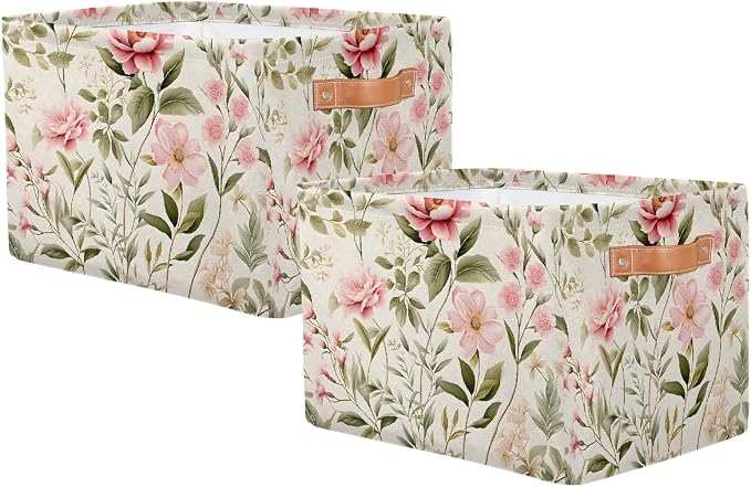 Wild Rose Flower Floral Rectangular Storage Bin Collapsible Storage Basket Organizer Boxes with Leather Handle Storage Cube for Shelves Toy Laundry Nursery 2 PC