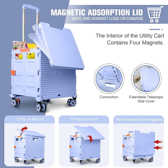 FELICON SELORSS Folding Utility Cart Portable Rolling Crate Handcart-Blue | Magnetic Sliding Lid,Telescoping Handle,Plastic Box Dolly,360°Swivel Wheels for Travel Shop Move Laundry Office Teacher Use