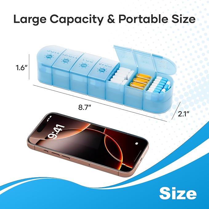2 Layers Weekly Pill Organizer 2 Times a Day, Travel Medicine Pill Organizer, Pill Box Case 7 Day AM PM, Pill Container for Vitamins, Fish Oil, Supplements and Medication, Blue