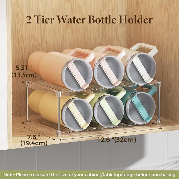 LAMU Stackable Water Bottle Organizer Holder Tumbler Cup Storage Rack | 2 Tier Clear PET Holder for Stanley 16-40oz Large Water Bottle Tumbler Cup Storage for Kitchen Cabinet Pantry Countertop