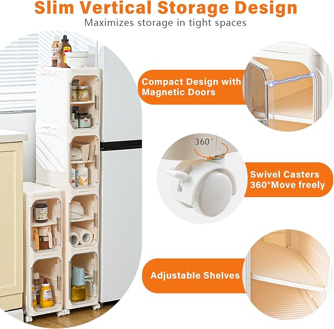 4-Tier Slim Bathroom Storage Cabinet, Tall Narrow Storage Cabinet with Movable Wheels, Adjustable Shelves, Skinny Bathroom Storage Organizer for Small Space, Bathroom, Kitchen, Laundry, Cream White