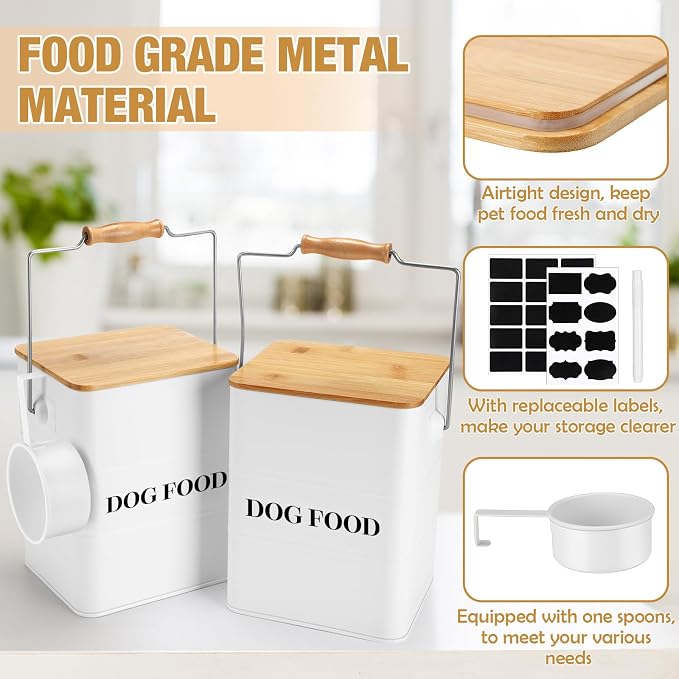 Tioncy 2 Pcs Metal Dog Food Storage Containers Total 10-14 Lbs (50 Cup) Capacity, Airtight Pet Food Canister with Bamboo Lids Scoop DIY Labels Dog Treat Storage Jars for Kitchen Counter(White)