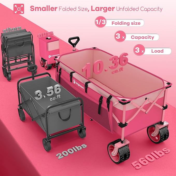 Originsure 300L Beach Wagons Carts Foldable with Big Wheels, 560lbs, Pink | 48" Folding Utility Wagon,7" All-Terrain Wheels,Heavy Duty Frame,Compact&Space-Saving,for Camping,Sports,Grocery,Garden
