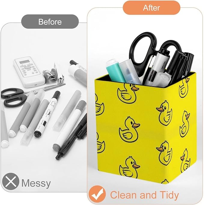 Pen Pencil Holder, Cute Funny Yellow Rubber Duck Pen Container Box Stationery Organizer Case Pu Leather Makeup Brush Holder Office Supplies for Desktop