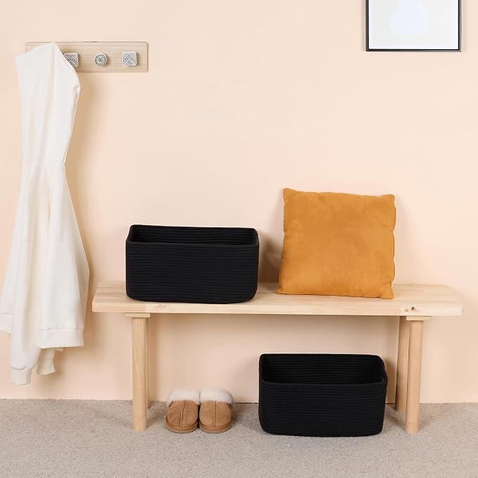 MiniArk Large Storage Baskets for Shelves, 17 x 13 x 7.5” Closet Organizers Bins for Clothes Blanket Towels, Baby Nursery, Toy Baskets Box, Woven Rope Baskets, 3 Packs Black