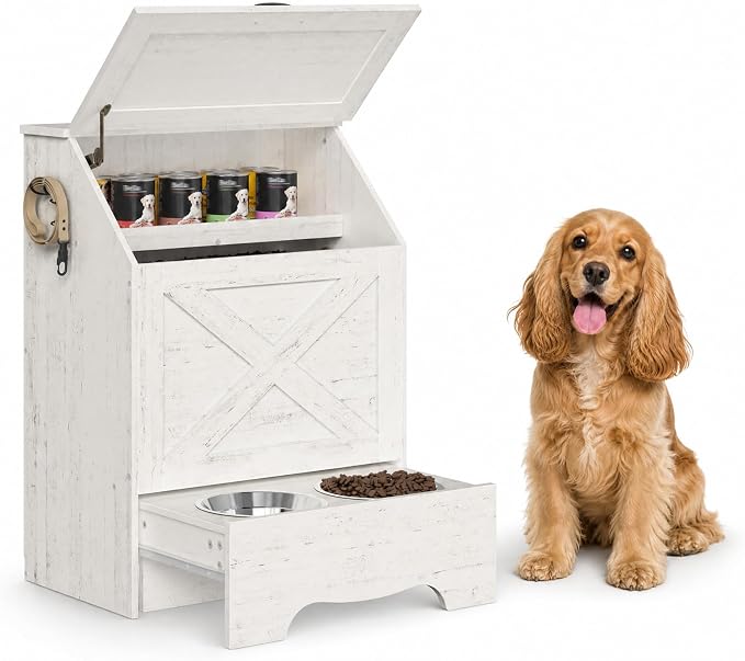 HOOBRO Dog Feeding Station with Sliding Drawer and 2 Hidden Bowls, Pet Feeding Station with Flip-Up Door, Dog Food Storage Cabinet with 2 Hooks for Living Room and Bedroom, Cloud White WT03PO03