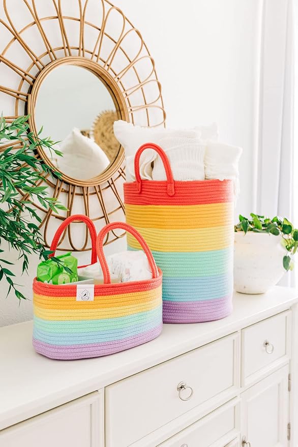 OrganiHaus Rainbow Rope Diaper Caddy Organizer, Nursery Basket | Woven handles; a toy bin, laundry bin, or newborn essentials storage; great for car, baby shower gifts, or bedroom decor