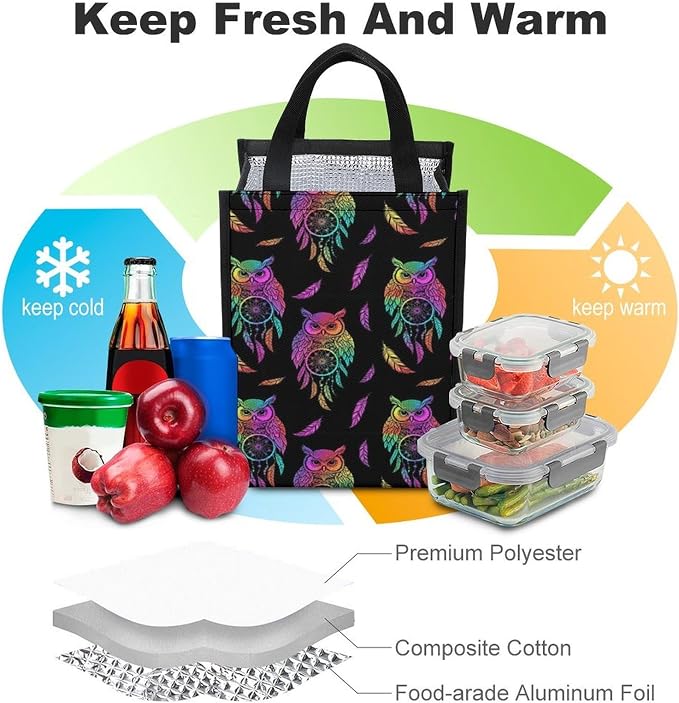 Portable Insulated Lunch Bag, Reusable Thermal Bags Compatible with Owl Rainbow Dream Catcher Cooler Tote Bag with Pocket Food Organizer Lunchbox