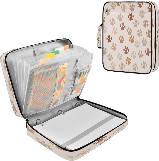 SUABO Pet Paw Expanding File Folder Binder Bag | Accordion File Organizer with Zipper & Labels, 3 Ring Binder, Multi Pockets for Office School Home Portable Lightweight