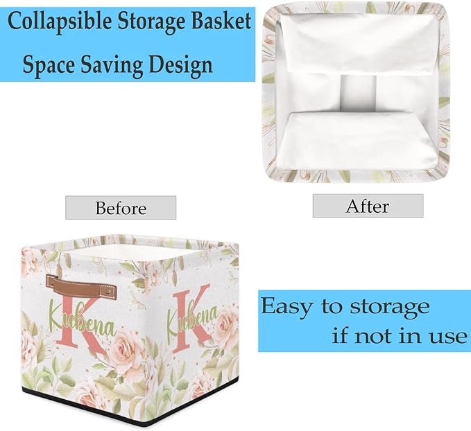 Personalized Name-Initial Pink Flower Storage Baskets for Women Girls, Custom Portable Square Storage Bins with Handles Foldable Organizer for Clothes, Toys, Blanket, Towel,Pet 13”