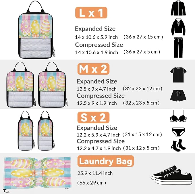 Easter Eggs 6 Set Compression Packing Cubes Cute Expandable Packing Organizer for Travel Accessories Luggage Suitcase Bag