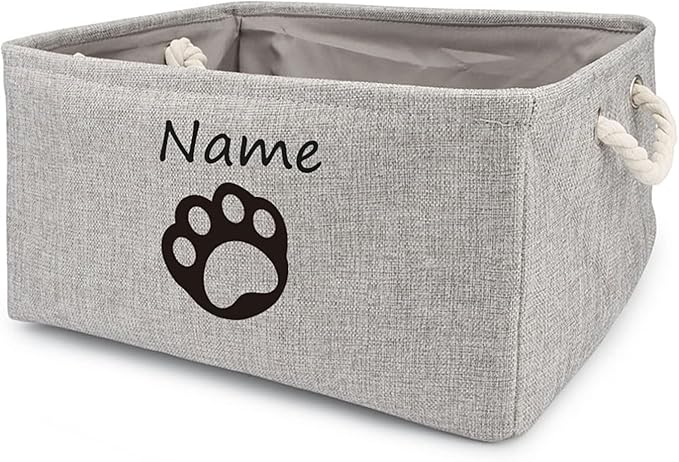 Personalized Dog Toy Storage Basket Bin Collapsible Customized Pet's Name Storage, Organizer for Dog Toys、Clothing、Apparel & Accessories with Box Paw Print(Gray-M)