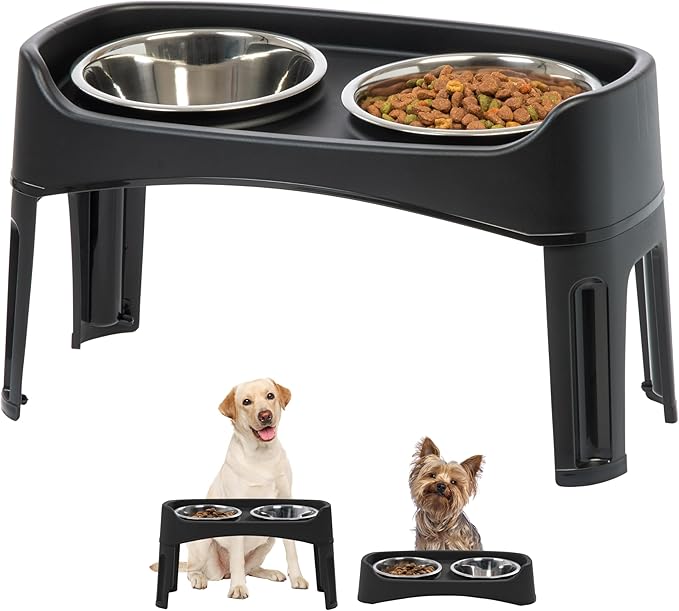 IRIS USA Elevated Dog Bowls, Dual Height 4.63" or 12.25" Made in USA, Black | Includes 2 Stainless Steel Bowls (64oz), Spill Guard, Height Adjustable, Non-Slip Feeder, Helps Reduce Neck Strain