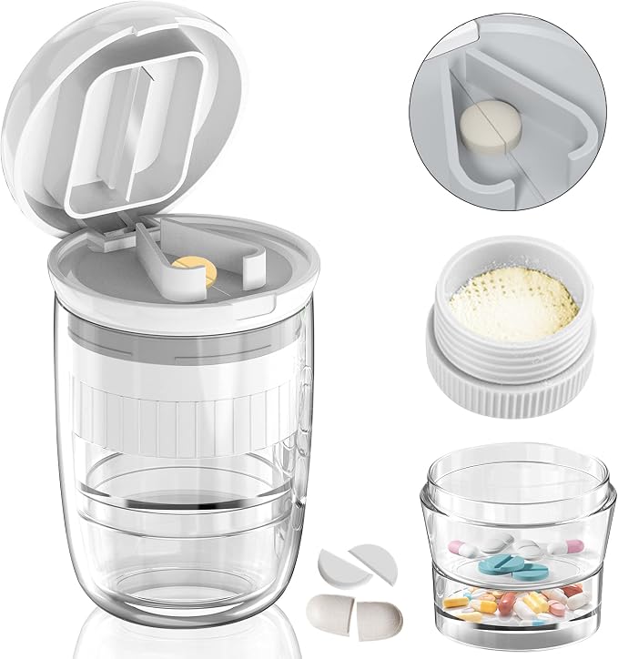 Pill Cutter Crusher Splitter: 3-in-1 Portable Storage Case White