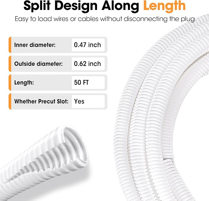 50 FT Wire Loom 1/2 Inch, Split Wire Loom Tubing Wire Conduit with Installation Tool, Flexible Wire Protector Tubing – White