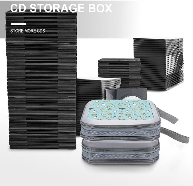 DVD Storage for 40 Movies, Cute Cat Blue Hard Plastic CD DVD Disc Cases | Disc Holder Organizer Binder, Cute Cat Blue, Portable for Travel Home Office