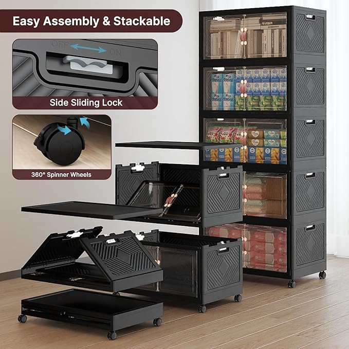 Stackable Storage Bins with Lids, 600QT Lockable Storage Cabinet | Folding Storage Box with Doors and Wheels, Collapsible Plastic Drawers for Home, Garage, Office