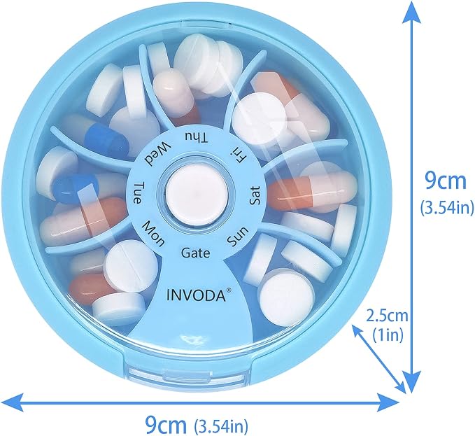 INVODA Weekly Pill Organizer 7 Compartment Rotating Pill Box for Daily | Cute Round Pill Organizer Fit purse pocket or backpack Portable Travel Pill Case for Fish Oil Supplements Vitamins Medication