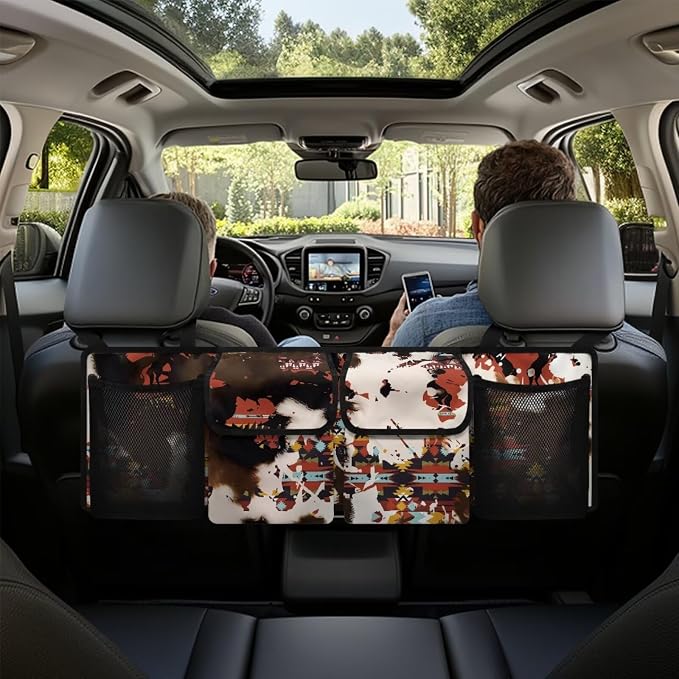 Car Organizers Storage Bag - Brown Cow Print Car Accessories Eco-Friendly Hanging Trunk Organizer, Back Seat Storage Bag