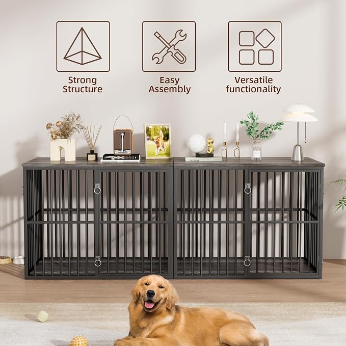 VOWNER 86.7" Double Dog Crate Furniture for 2 Large Dogs, Grey/Black | Heavy Duty Wooden Dog Kennel with Removable Divider, XXL Dog Cage TV Stand End Table with 4 Doors, Double Locks for Each Door