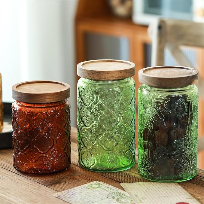 4 Pack Blue & Green Vintage Glass Jars, 34 oz Sunflower Canisters with Lids | Airtight Coffee Container, Tea Organizer, Cookie Holder, Candy Keeper, Nut Holder, Cereal Bin, Pantry Countertop Organization