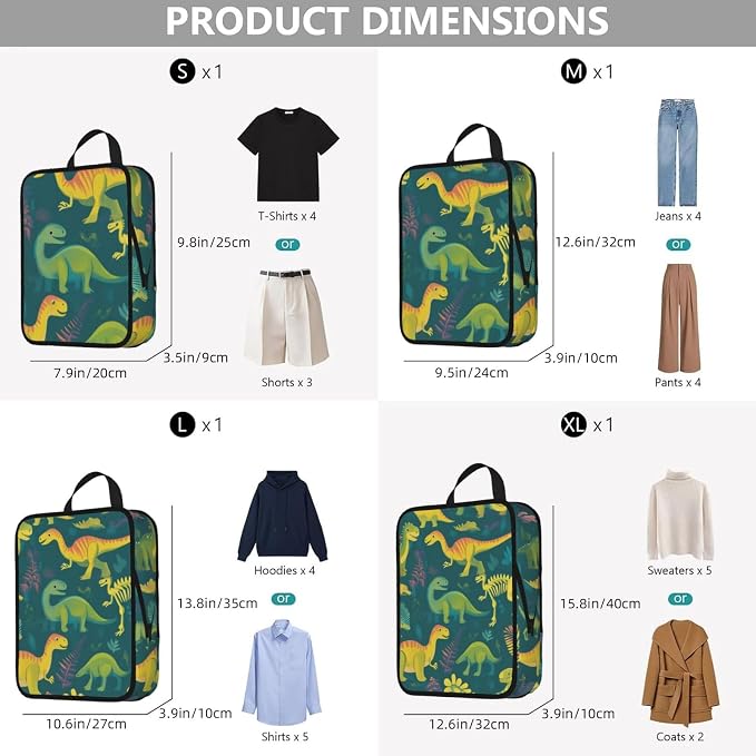 4 Set Compression Packing Cubes for Travel | Dinosaurs Skeletons Cube Storage Organizer For Carry On Expandable Space Saver Packing Bags Travel Essentials