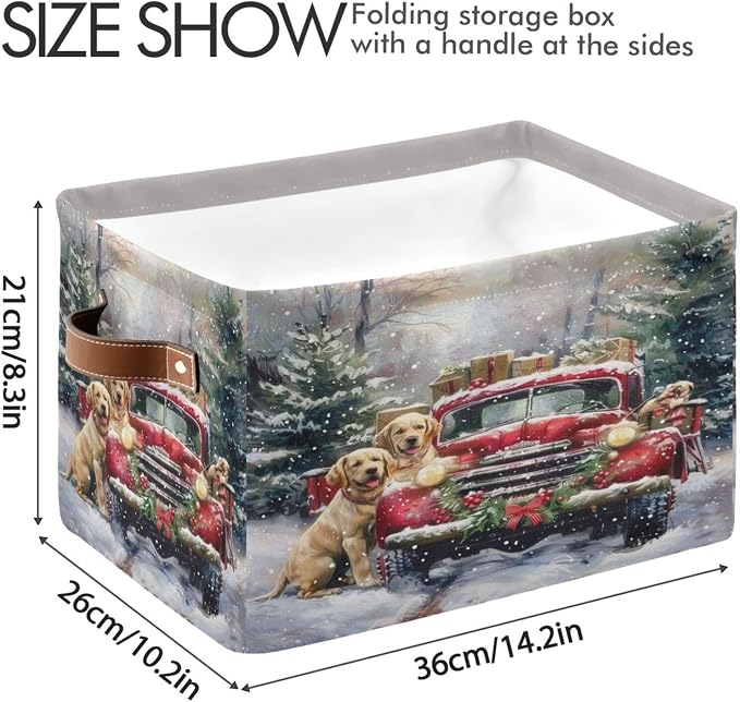 Christmas Truck Golden Retriever Storage Basket Fabric Kitchen Baskets Winter Car Dogs Xmas Tree Open Home Storage Bins Boxes Foldable Organizer Bag for Book Shelf Closet Baskets 16×12×8 Inches 2 Pack
